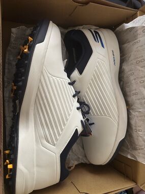 Skechers White and Navy Athletic Golf Shoes with Yellow Traction